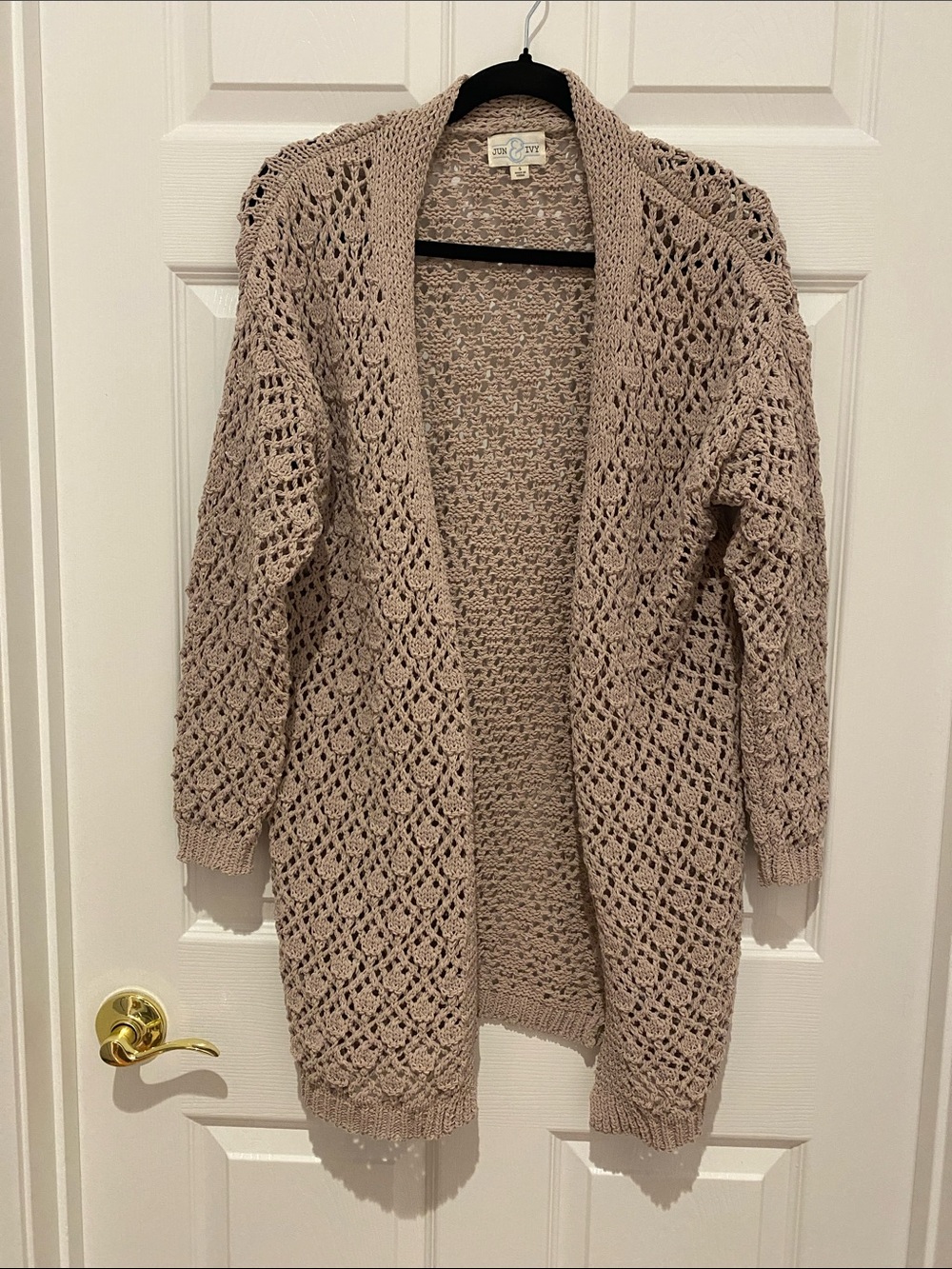 Open Knit Long Cardigan Sweater - Taupe